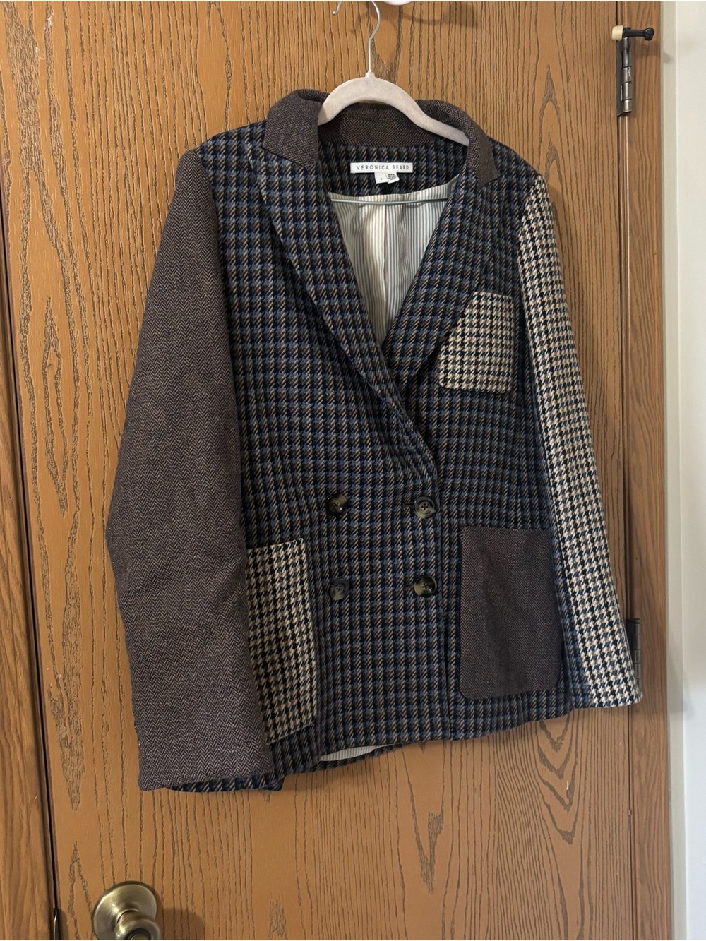 VERONICA BEARD | Faustine Dickey Houndstooth Mixed Media Jacket Blue Multi 8 - Picture 3 of 6